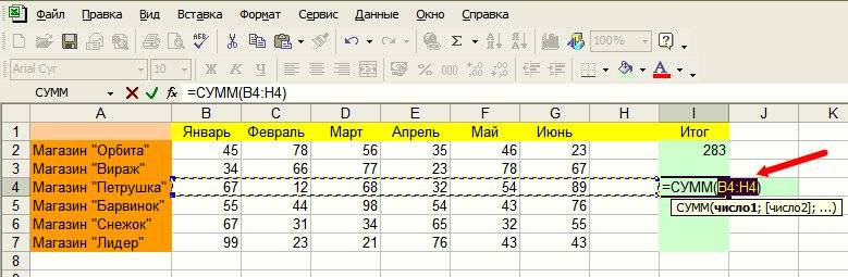 В выделенной ячейке появится формула, в которой указан диапазон суммирования;