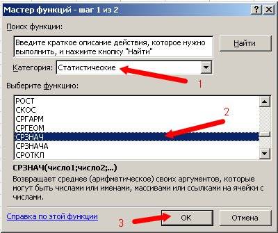 Выберите в поле Категории - Статистические; В поле Выберите функцию: СРЗНАЧ; Нажмите кнопку ОК.