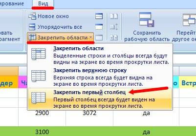 Для того, чтобы закрепить только первый столбец, необходимо только зайти в меню Вид, щелкнуть по кнопке Закрепить области, и выбрать Закрепить первый столбец. Перед этой операцией ничего выделять не надо.