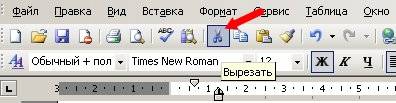 или на панели инструментов нажмите икону Вырезать (ножницы);