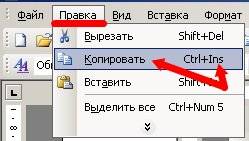 Для копирования текста нажмите на клавиатуре одновременно клавиши Ctrl + C, или Ctrl + Ins (Insert), или выберите команду Правка – Копировать,
