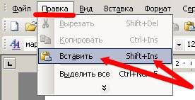 Для вставки текста используйте кнопки клавиатуры Ctrl + V, или команду Правка – Вставить, или клавиши Shift + Ins,