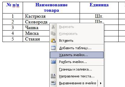 Для того чтобы удалить столбец из таблицы щелкните правой кнопкой мыши в любой ячейке того столбца, который необходимо удалить и в выпадающем меню выберите пункт – Удалить ячейки…- Удалить весь столбец – или выберите в меню пункт – Таблица – Удалить – Столбцы.