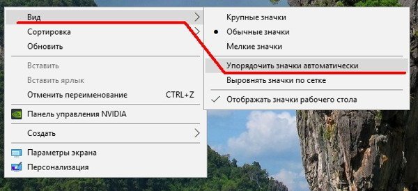 Кликните правой кнопкой мыши по свободному месту на рабочем столе и выберите в выпадающем контекстном меню пункт – Вид – Упорядочить значки автоматически .