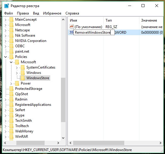 В нем создайте параметр DWORD и назовите его RemoveWindowsStore.