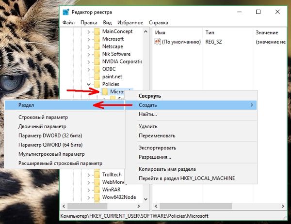 В открывшемся окне редактора реестра отыщите ветку HKEY_CURRENT_USER/Software/Policies/Microsoft.
