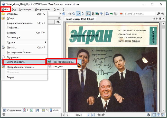 Для того, чтобы перевести PDF в JPG, необходимо выбрать в меню «Файл»